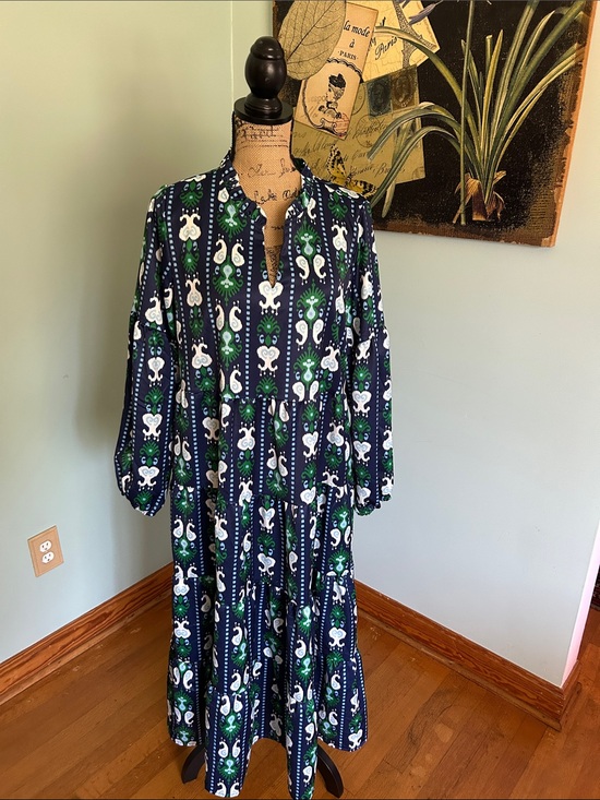 mary square Dresses & Skirts - Women’s Navy Green White Printed Midi Dress